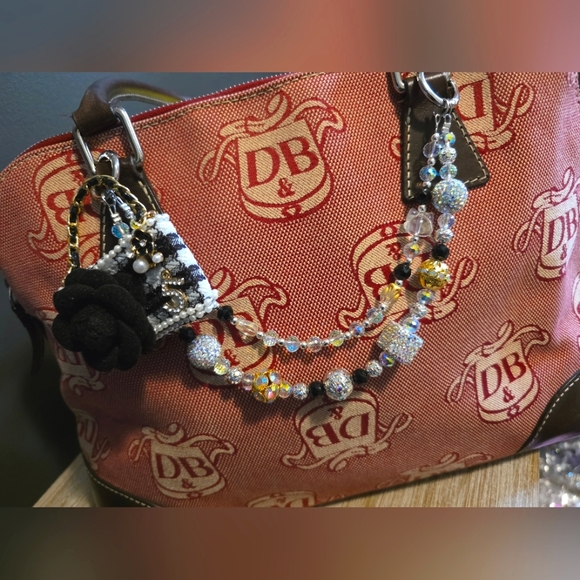 Accessories - Elegant Beaded HandBag Charm with Mini Purse & Black Rose Accent
